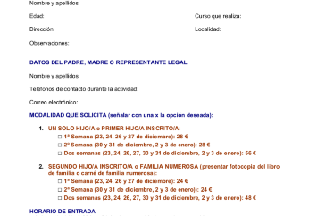 Hoja de inscripción Escuela de Navidad